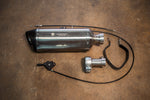Valvetronic Designs Motorcycle Valved Muffler manufacturer gallery: polished muffler, straight valve adapter, cable and lever laid out together