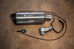 Valvetronic Designs Motorcycle Valved Muffler manufacturer gallery: polished muffler, curved valve adapter, cable and lever laid out together