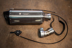Valvetronic Designs Motorcycle Valved Muffler manufacturer gallery: muffler and curved adapter with control lever in the lower left