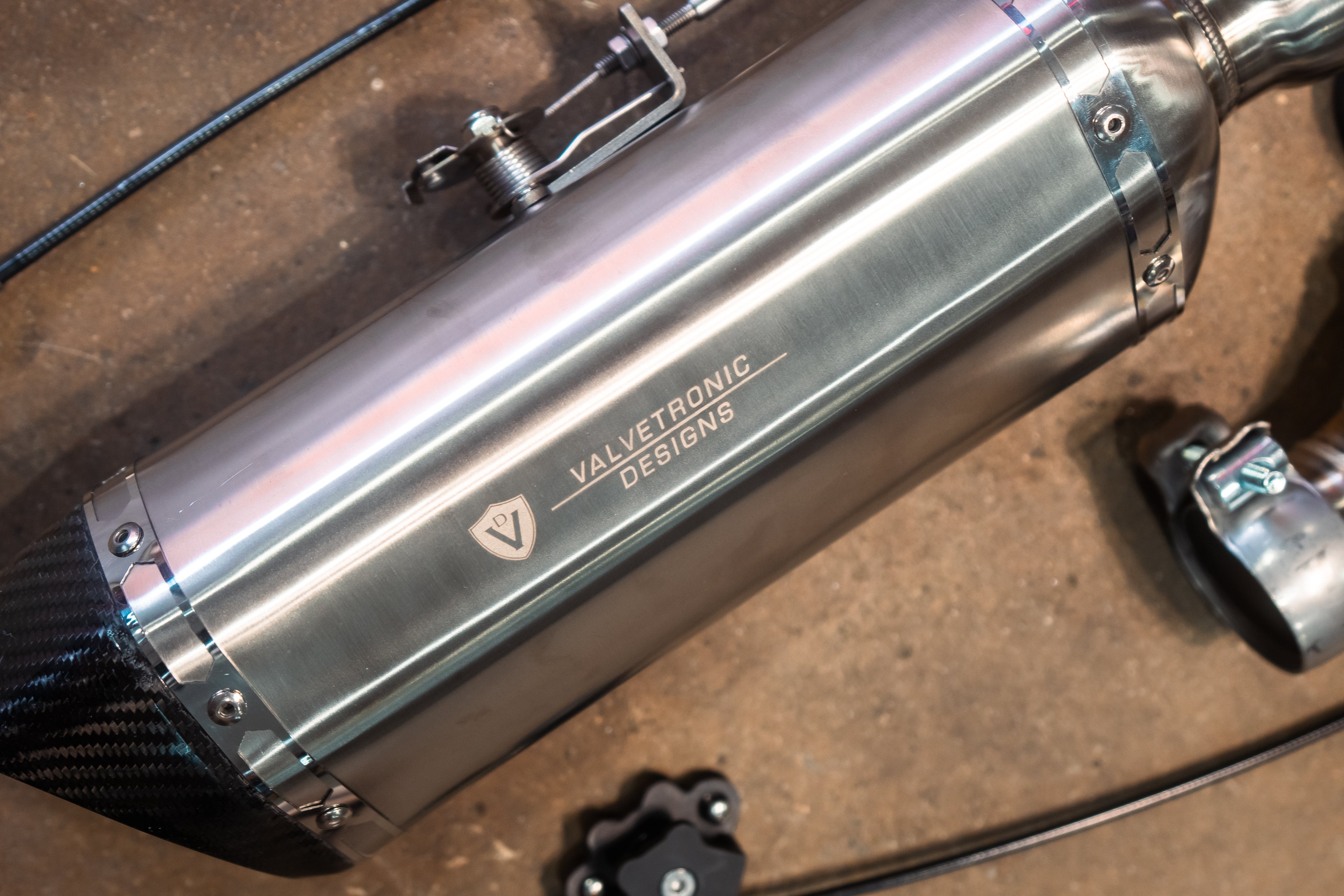 Valvetronic Designs Motorcycle Valved Muffler manufacturer gallery: branding on the polished muffler housing