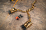 A side overview of Valvetronic Designs Valved Sport Exhaust System (for Audi B8 / B8.5 S4 / S5) with wires on the ground. 