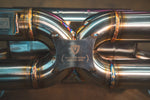 Valvetronic Designs Exhaust Lamborghini Gallardo LP manufacturer gallery: central crossover tubes and identification plate viewed overhead