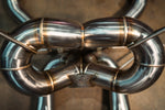 Stainless F1 exhaust Lamborghini Revuelto: double X-pipe overhead