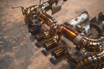 Valvetronic Designs Valved Exhaust Corvette C8 Z06 manufacturer gallery: exhaust and shielded front components viewed diagonally