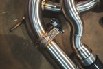 Valvetronic Designs Exhaust BMW F85 X5M / F86 X6M manufacturer gallery: shield brace between parallel polished mid-pipes