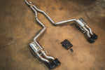 Valvetronic Designs Valved Exhaust AMG CLS63 W218 manufacturer gallery: complete exhaust viewed diagonally with dark rectangular tips
