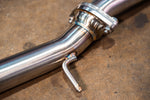 Valvetronic Designs Valved Exhaust Lexus RC F manufacturer gallery: front pipe flange and bent hanger viewed diagonally