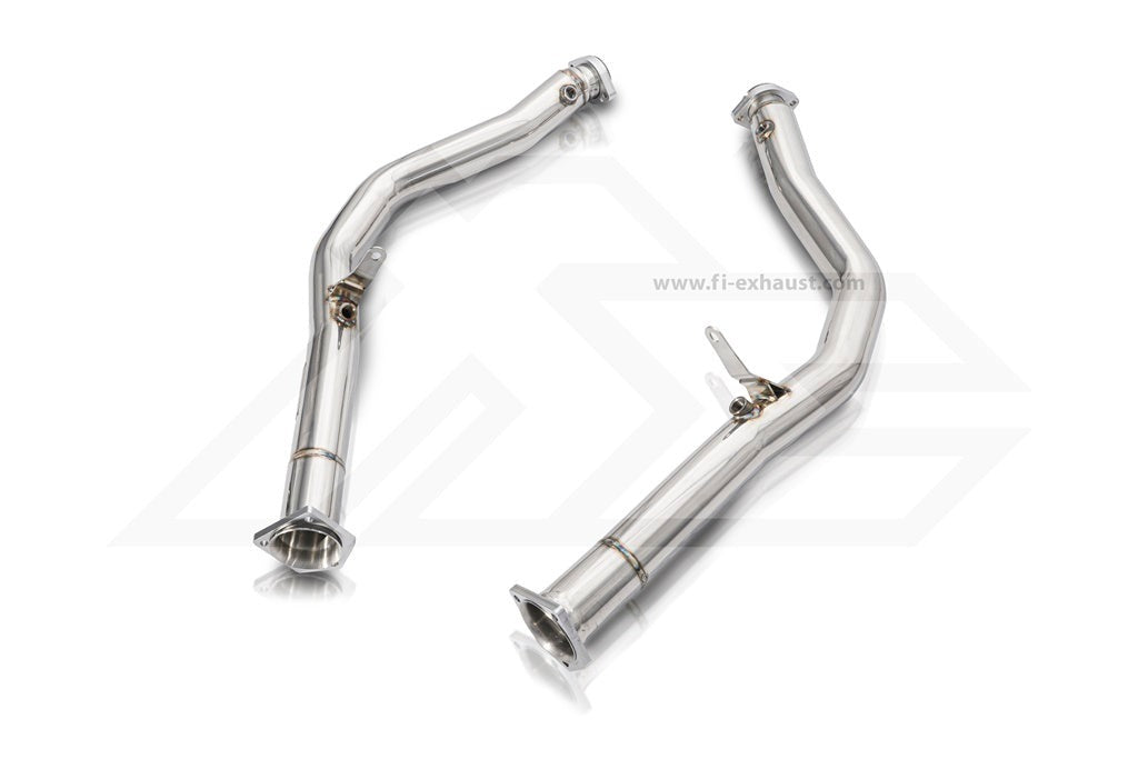 A front view of Fi EXHAUST Valvetronic Cat-Back System for Mercedes-Benz W463 AMG G63 Ultra Edition 2012-2018 downpipe with white background