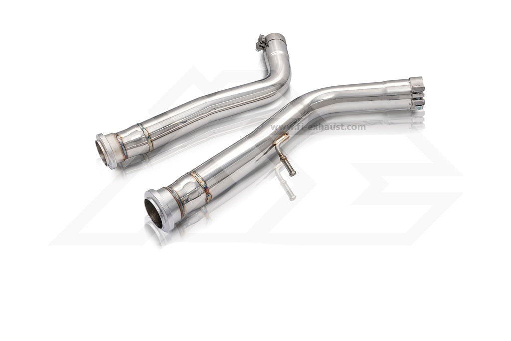 A front view of Fi EXHAUST Valvetronic Cat-Back System for Mercedes-Benz W463A AMG G63 (Quad Tips) 2018+ downpipe with white background