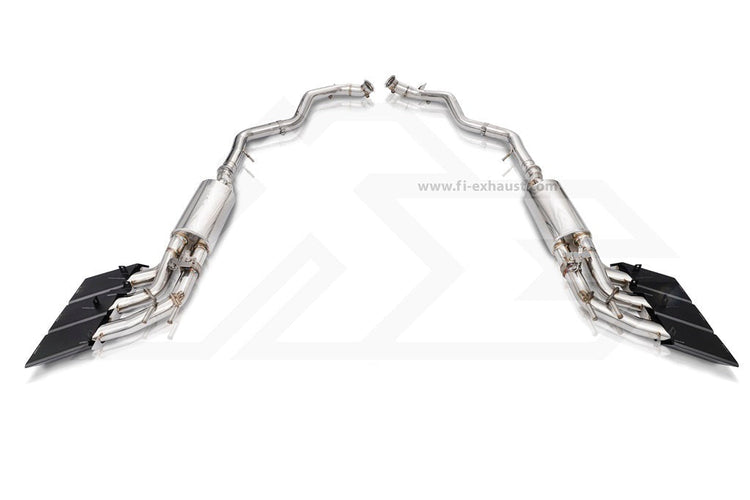 A front view of Fi EXHAUST Valvetronic Cat-Back System for Mercedes-Benz W463A AMG G63 Ultra Edition 2018+ with white background