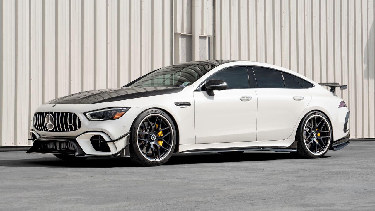 White AMG GT 4-Door car with the A1 carbon aero package - Carbon Fiber Aero Package for the 2019-2026 AMG GT 63 4-Door Coupe