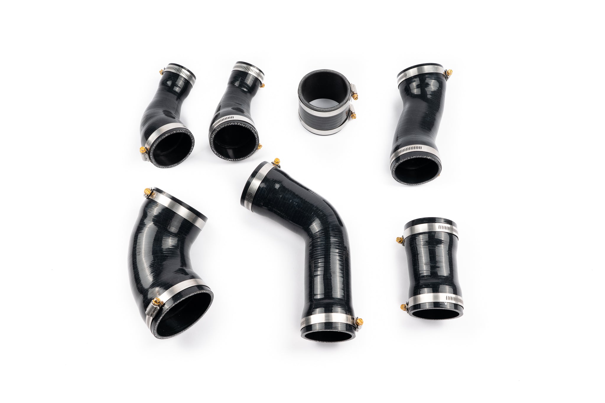 Silicone couplers and clamps included with the AMS F-150 intercooler pipes