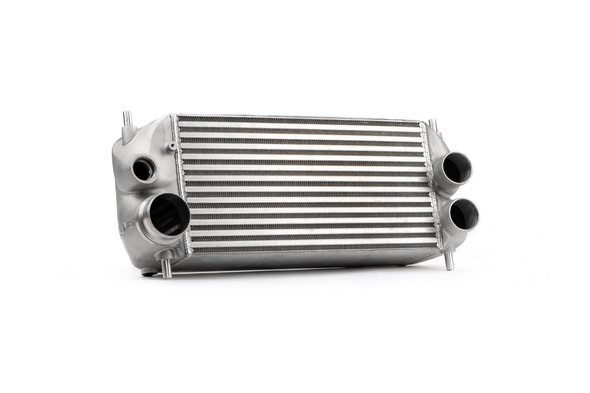 Rear of the AMS F-150 stock location intercooler showing the inlet and outlet ports