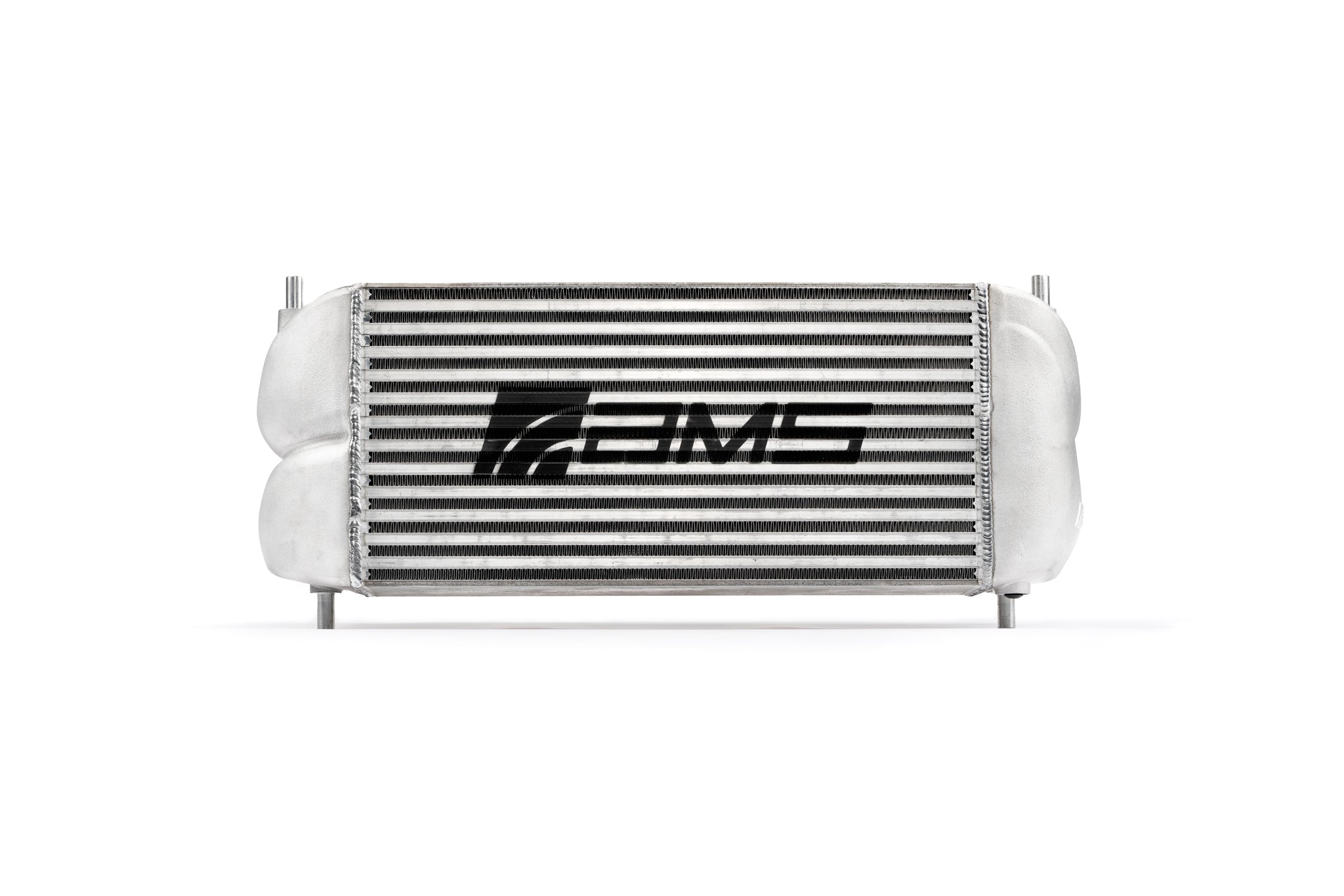Front view of the silver AMS stock location intercooler core and end tanks