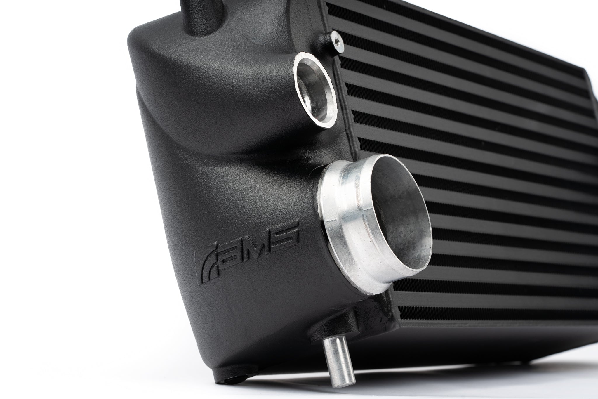 Black powder coated AMS F-150 intercooler end tank and outlet port
