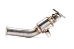 Side view of one AMS catted lower downpipe showing the mandrel-bent 3-inch tube and GESI converter