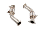 Pair of AMS VR30 street lower downpipes with GESI catalytic converters, outlet ends facing the camera