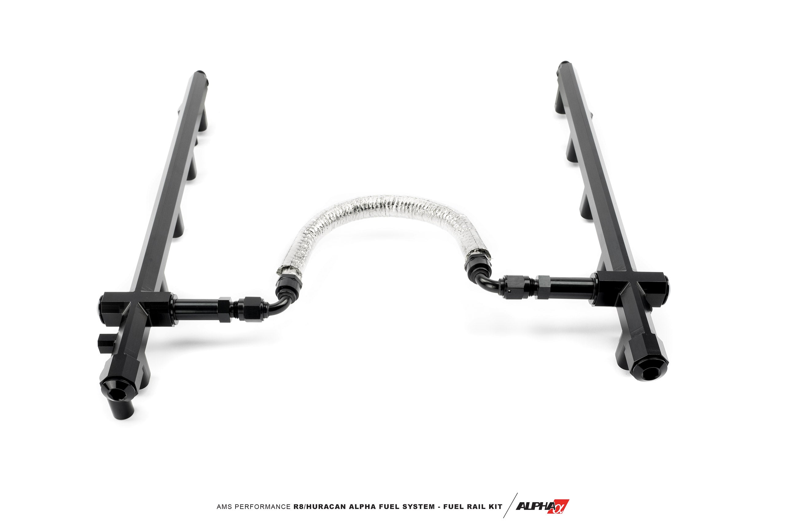 AMS billet fuel rails joined by the PTFE crossover hose for the R8 V10