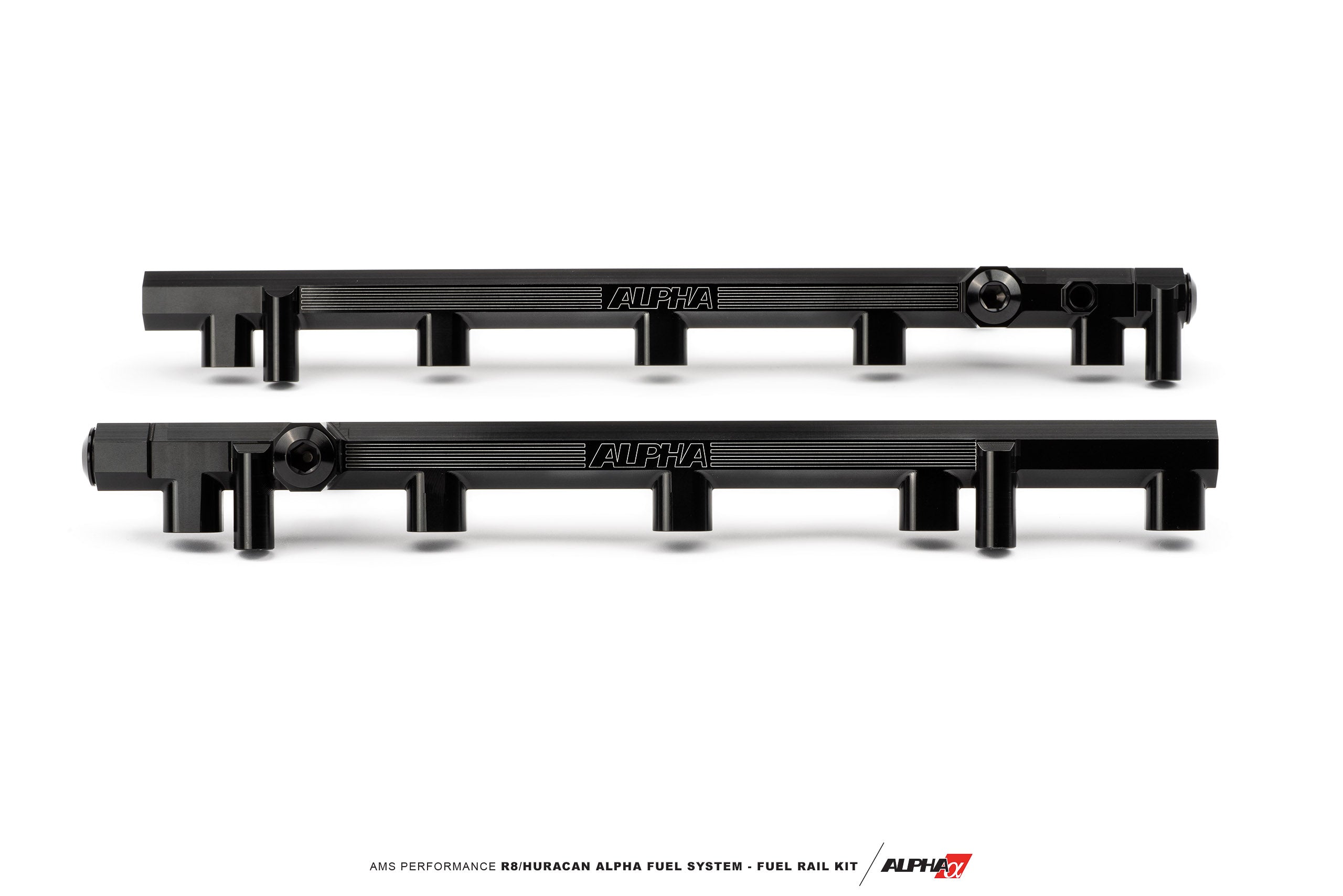 Both AMS black anodized billet fuel rails for the Lamborghini Huracan