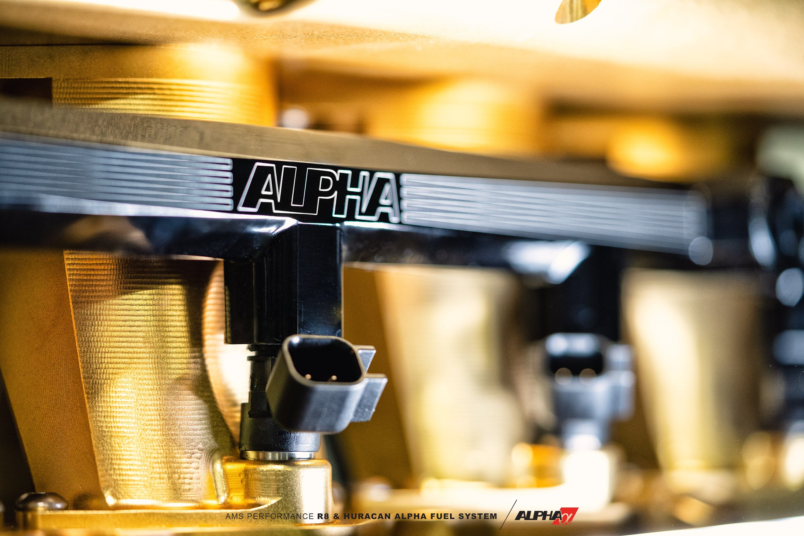 AMS Alpha fuel rail installed on a V10 intake with injector connectors
