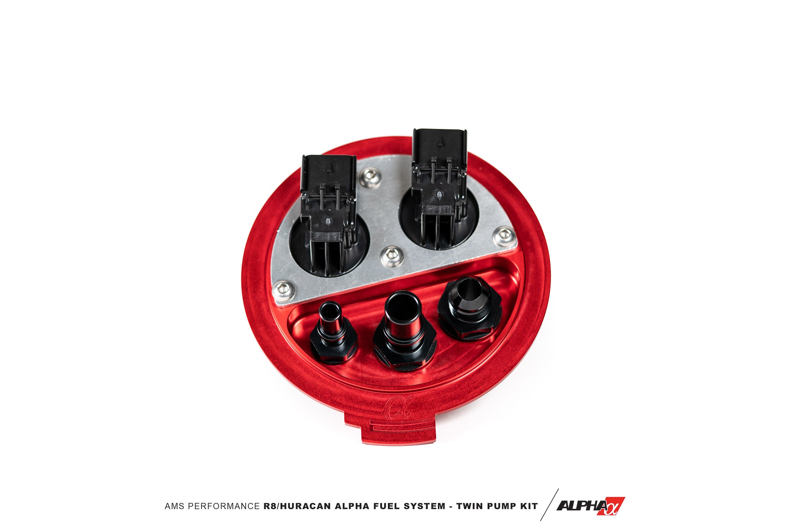 Top of the AMS red bulkhead with connectors and AN fittings for the R8 V10