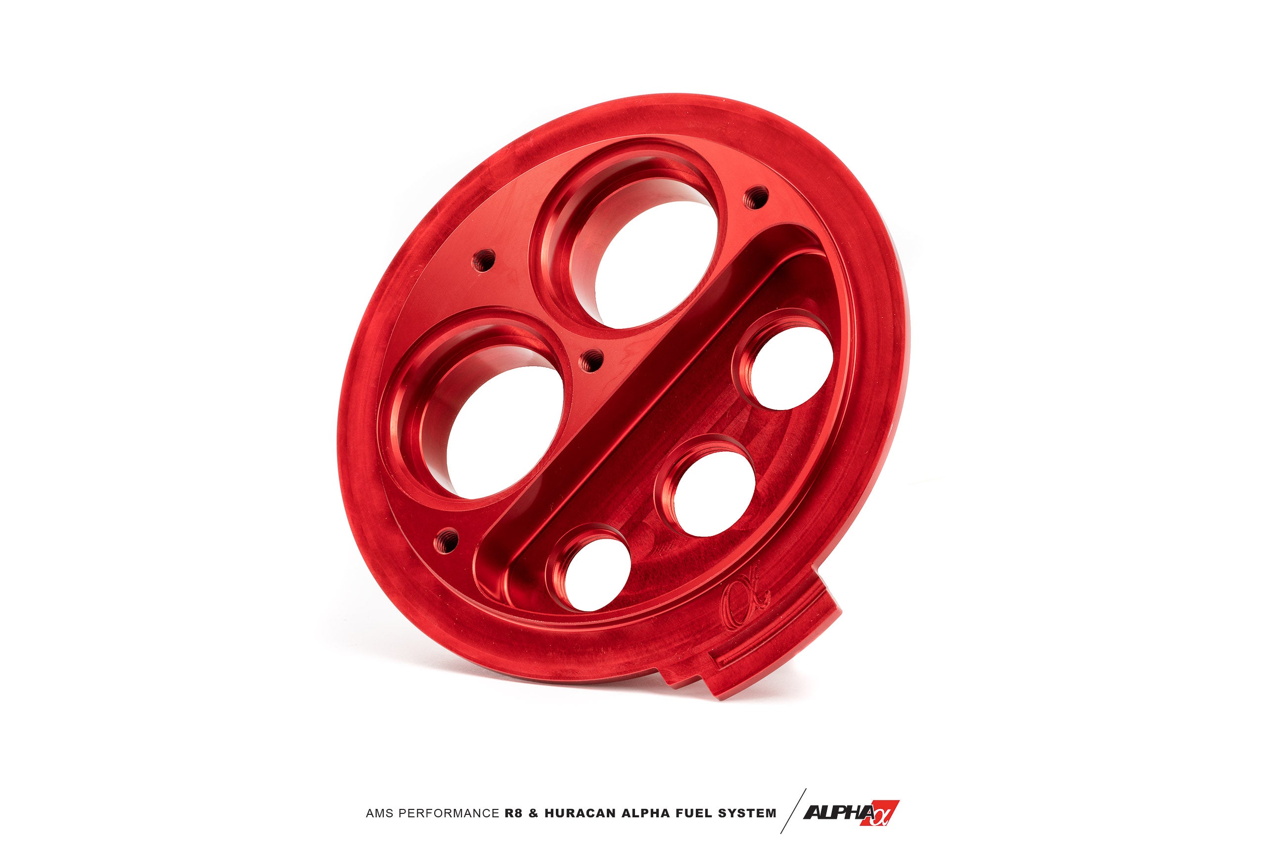 Red anodized CNC bulkhead plate from the AMS Huracan twin pump kit