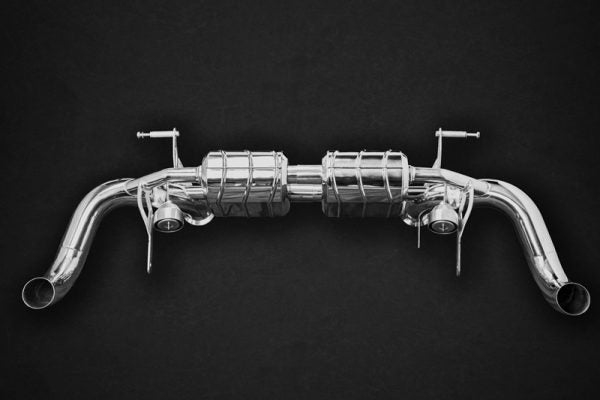 wide view of Capristo Valved Exhaust (CES3) for Audi R8 (Gen2) Facelift 2015+ with black background