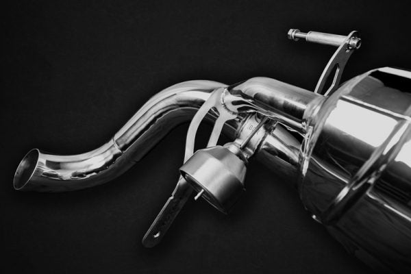 close view of Capristo Valved Exhaust (with OEM Control) for Audi R8 (Gen2) Facelift 2015+ with black background