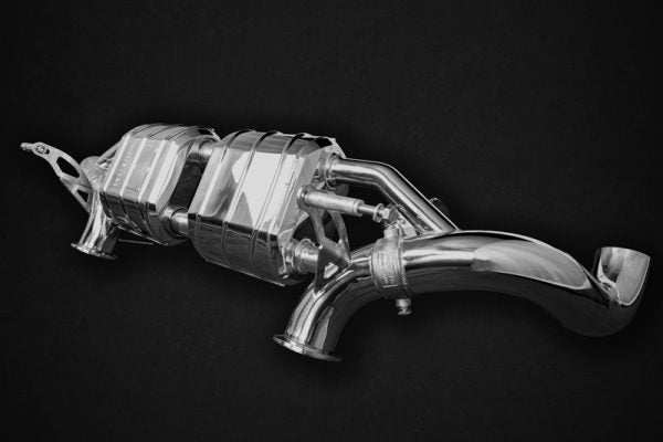 wide view of Capristo Valved Exhaust (with OEM Control) for Audi R8 (Gen2) Facelift 2015+ with black background