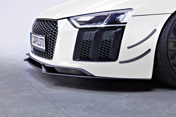 wide view of Capristo Carbon Front Fins & Carbon Front Spoiler (Matte) for Audi R8 V10 PLUS 2015 fitted inside a car