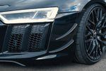 close view of Capristo Carbon Front Fins & Carbon Front Spoiler (Matte) for Audi R8 V10 PLUS 2015 fitted inside a car