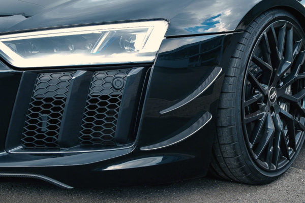 close view of Capristo Carbon Front Fins (Matte) for Audi R8 V10 PLUS 2015 fitted inside a car