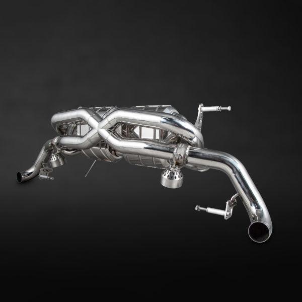 wide view of Capristo X Pipe Exhaust (CES3) for Audi R8 GT (V10 Facelift) 2011-2013 with black background