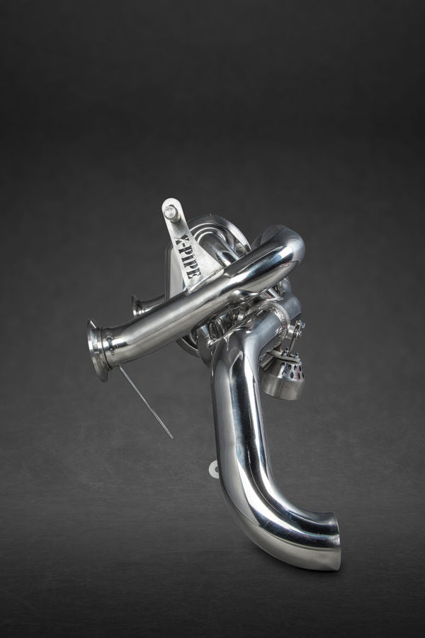 wide view of Capristo X Pipe Exhaust (CES3) for Audi R8 GT (V10 Facelift) 2011-2013 with black background