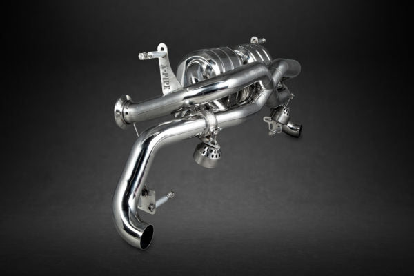 wide view of Capristo X Pipe Exhaust (CES3) for Audi R8 GT (V10 Facelift) 2011-2013 with black background