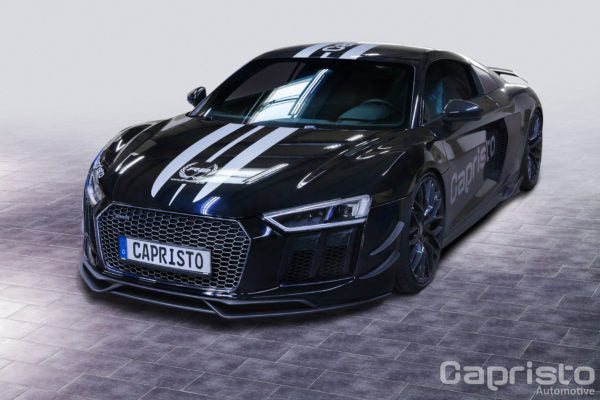 wide view of Capristo Carbon Front Spoiler (Matte) for Audi R8 V10 PLUS 2015 fitted inside a car