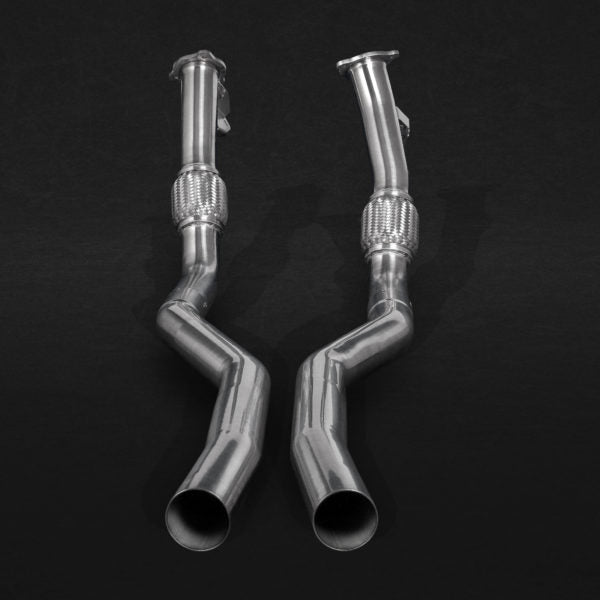 wide view of Capristo Pre-Silencer Delete Pipes for Audi RS4/5 (B9) Sedan/Sportback 2013-2025 with black background