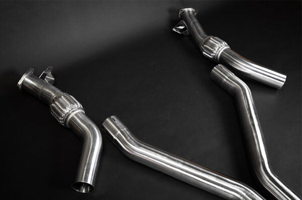 close view of Capristo Valved Catback Exhaust System with Capristo Tips (OE Actuators) for Audi S8 D5 2019-2025 with black background