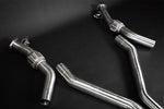 close view of Capristo Valved Catback Exhaust System with Capristo Tips (OE Actuators) for Audi S8 D5 2019-2025 with black background