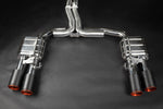 wide view of Capristo Valved Catback Exhaust System with Capristo Tips (OE Actuators) for Audi S8 D5 2019-2025 with black background