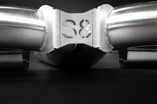 close view of Capristo Valved Catback Exhaust System with Capristo Tips (OE Actuators) for Audi S8 D5 2019-2025 with black background