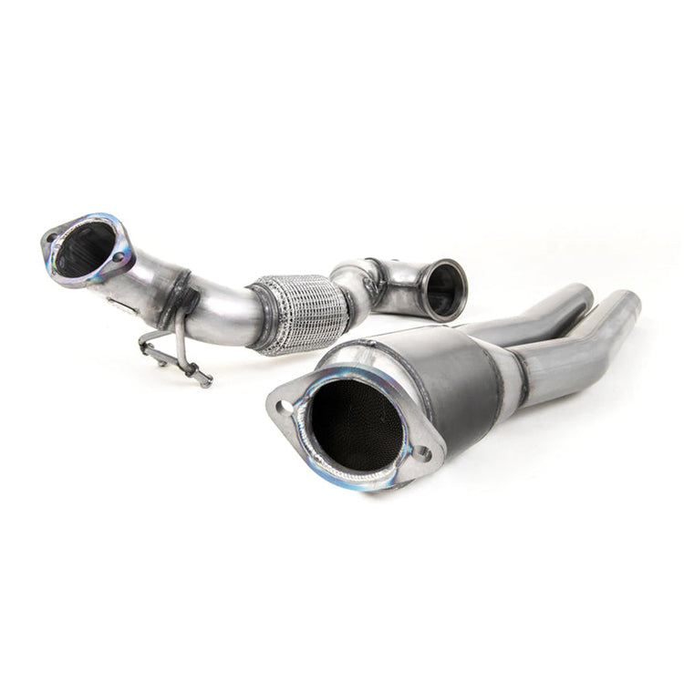 A front view of Milltek Large Bore Downpipe w/ Hi-Flow Sports Catalyst for Audi RSQ3 F3 2020+ with white background