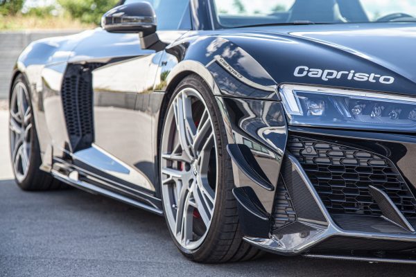 wide view of Capristo Carbon Front Fins for Audi R8 (Gen2) Facelift 2015+ fitted inside a car