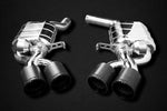 Wide view of Capristo Valved Exhaust with Carbon Fiber Tips (OE Actuators) for Audi RS6/7 C8 2019-2024 with black background