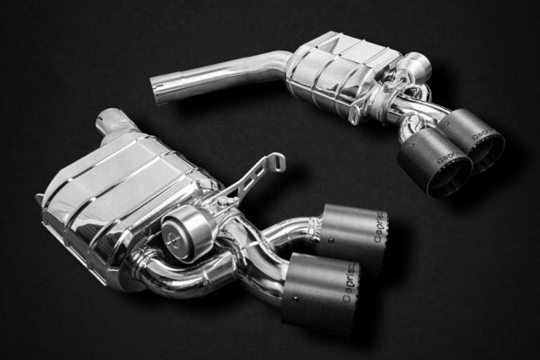 Wide view of Capristo Valved Exhaust with Carbon Fiber Tips (OE Actuators) for Audi RS6/7 C8 2019-2024 with black background