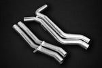 wide view of Capristo Valved Exhaust Carbon Fiber Tips E2P for Audi RS6 C8 2019-2025 with black background