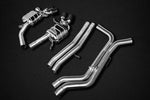 wide view of Capristo Valved Exhaust Carbon Fiber Tips E2P for Audi RS6 C8 2019-2025 with black background