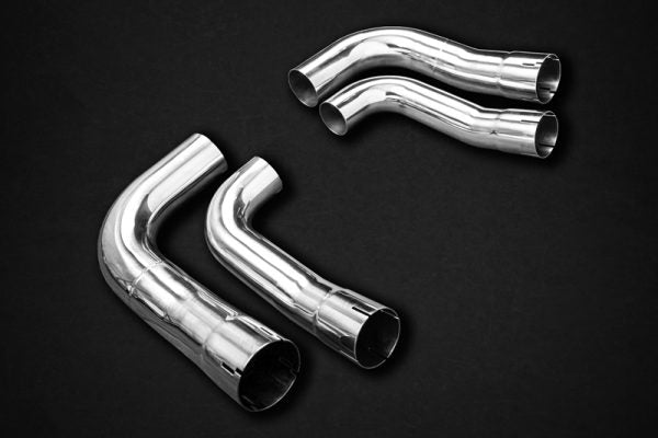 wide view of Capristo Valved Exhaust with Middle Silencer Spare with OEM Tips for Audi RSQ8 2019-2022 with a black background