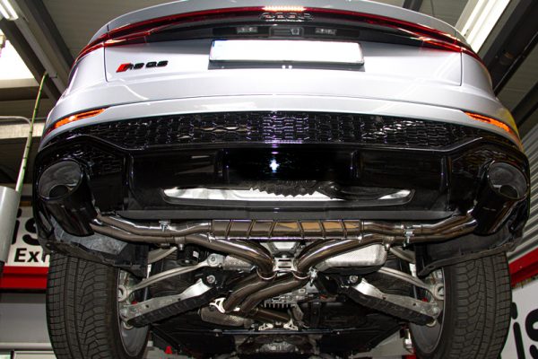 wide view of Capristo CES3 Valved Exhaust with OEM Tips for Audi RS Q8 2019-2025 fitted inside a car