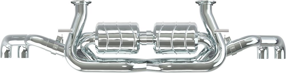 Capristo Audi R8 V8 exhaust front view of twin muffler cans and X-pipe